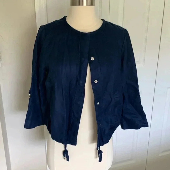 Chicos Blue Linen Snap Front 3/4 Sleeve Jacket - Picture 1 of 9